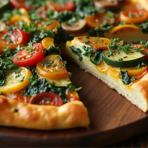 "Freshly baked savory tart with vegetables on a wooden table, accompanied by a vibrant salad and a slice of the tart cut to show the inside."