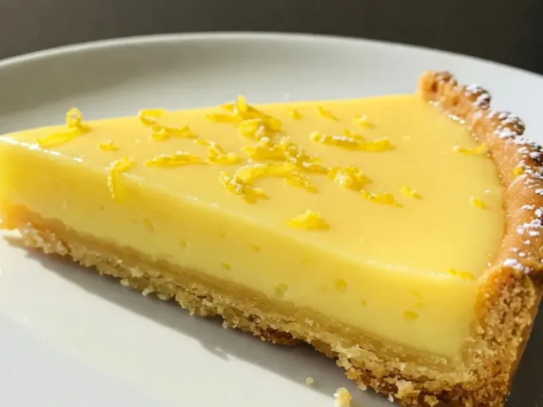 Tarte au citron maison sur une table en bois, décorée de rondelles de citron et de feuilles de menthe.