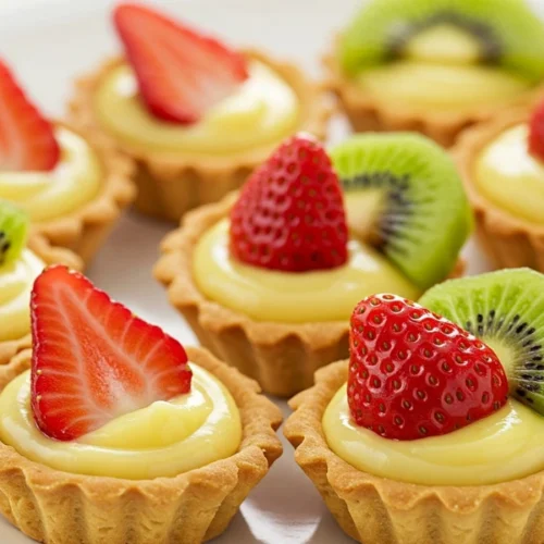 Tarte aux fruits fraîche avec pâte dorée et fruits colorés sur une table rustique, lumière naturelle en fond d'une cuisine floue.**