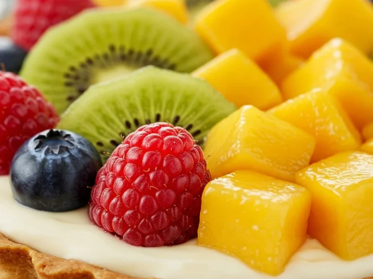 Tarte aux fruits fraîche avec pâte dorée et fruits colorés sur une table rustique, lumière naturelle en fond d'une cuisine floue.**