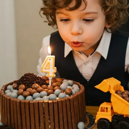 Gâteau d’anniversaire enfant coloré avec décorations sucrées sur une table festive, entouré de ballons pastel et de cadeaux.