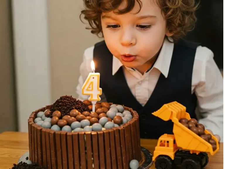 Gâteau d’anniversaire enfant coloré avec décorations sucrées sur une table festive, entouré de ballons pastel et de cadeaux.