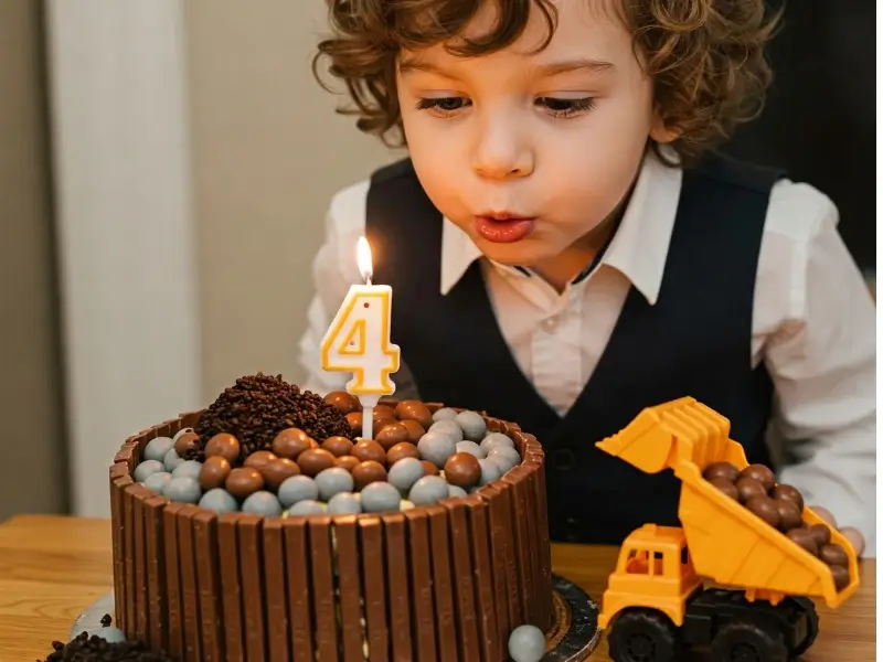 Gâteau d’anniversaire enfant coloré avec décorations sucrées sur une table festive, entouré de ballons pastel et de cadeaux.