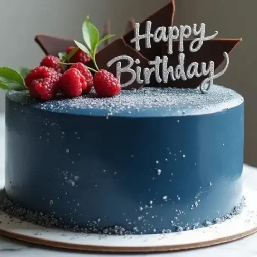 "Gateau d'anniversaire pour homme, décoré en bleu marine et argent, sur une table blanche avec des détails modernes et élégants."