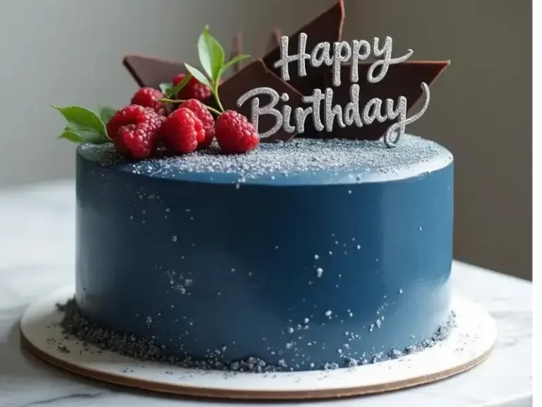 "Gateau d'anniversaire pour homme, décoré en bleu marine et argent, sur une table blanche avec des détails modernes et élégants."