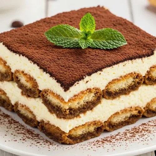 "Tiramisu dessert with creamy layers of mascarpone, cocoa powder, and chocolate shavings, beautifully presented in an elegant glass cup."