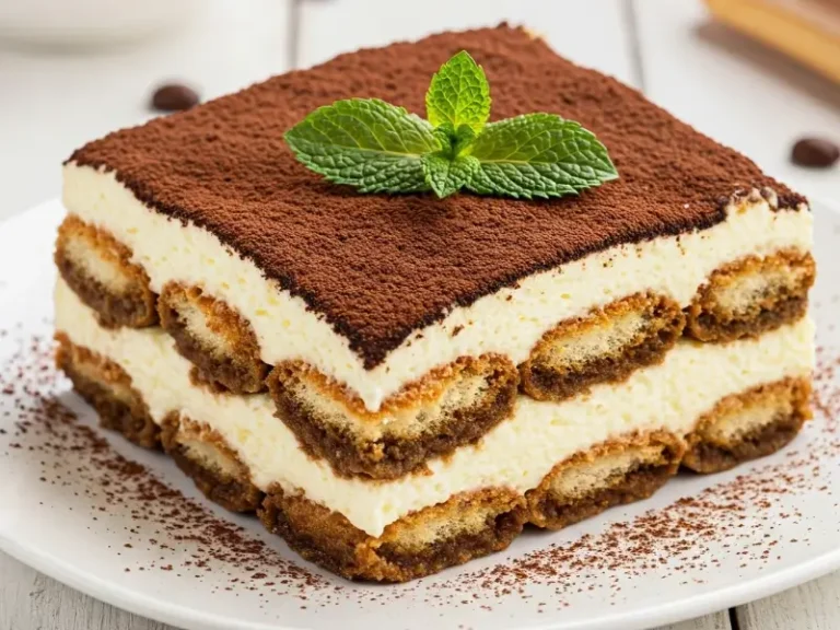 "Tiramisu dessert with creamy layers of mascarpone, cocoa powder, and chocolate shavings, beautifully presented in an elegant glass cup."