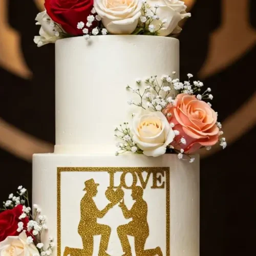 Un gateau mariage sophistiqué à étages, sublimé par un glaçage lisse et des décorations florales pastel, présenté sur une table rustique dans une ambiance romantique. Idéal pour illustrer une recette de gâteau de mariage fait maison, alliant raffinement et simplicité.