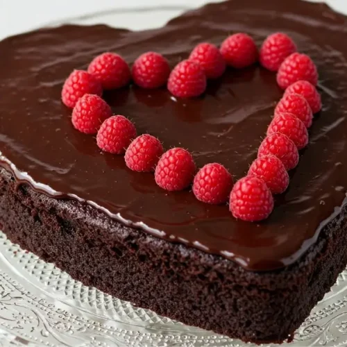 A heart-shaped cake with a pink glaze, decorated with edible flowers and fresh berries, dusted with powdered sugar.
