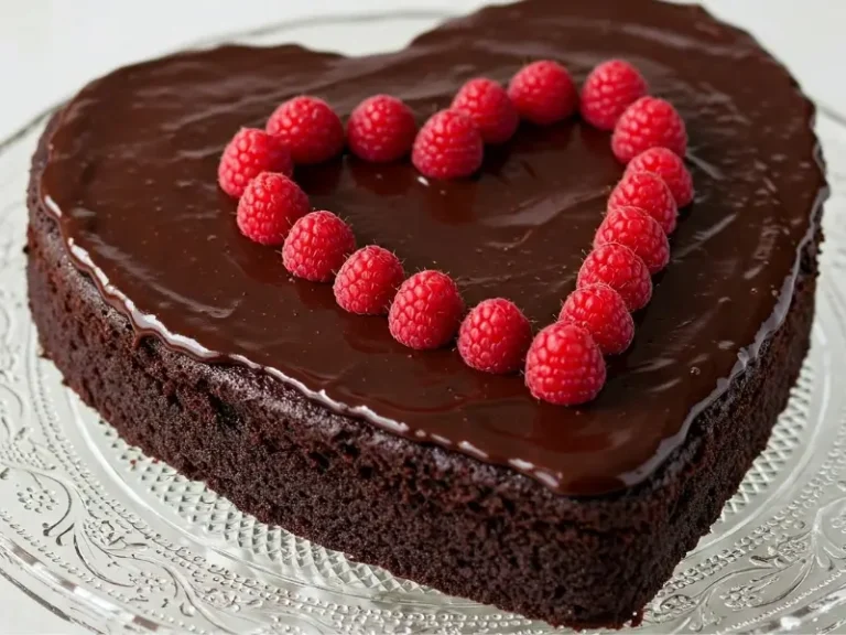 A heart-shaped cake with a pink glaze, decorated with edible flowers and fresh berries, dusted with powdered sugar.