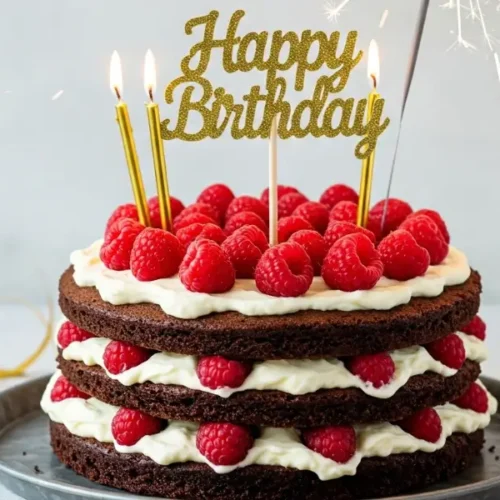 Un gâteau d'anniversaire facile décoré de bougies, fruits frais et fleurs comestibles, avec une ambiance festive et une présentation simple mais élégante, parfait pour une fête d'anniversaire."