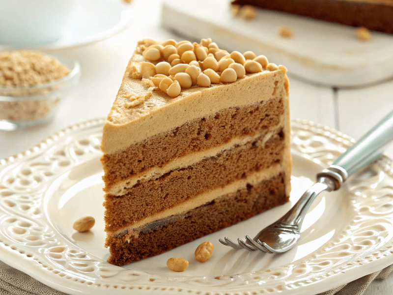 A freshly baked gâteau pour moka with a rich coffee glaze and a slice showing its moist interior, accompanied by a cup of espresso and cocoa sprinkle.