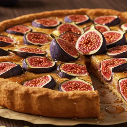 "Tarte aux figues maison avec une pâte dorée, des figues fraîches et une légère brillance de miel, sur une table en bois rustique."