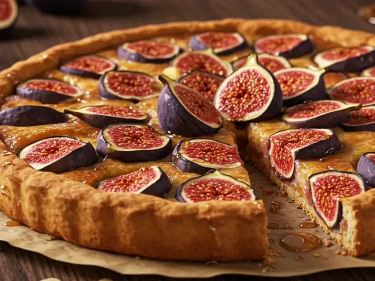 "Tarte aux figues maison avec une pâte dorée, des figues fraîches et une légère brillance de miel, sur une table en bois rustique."