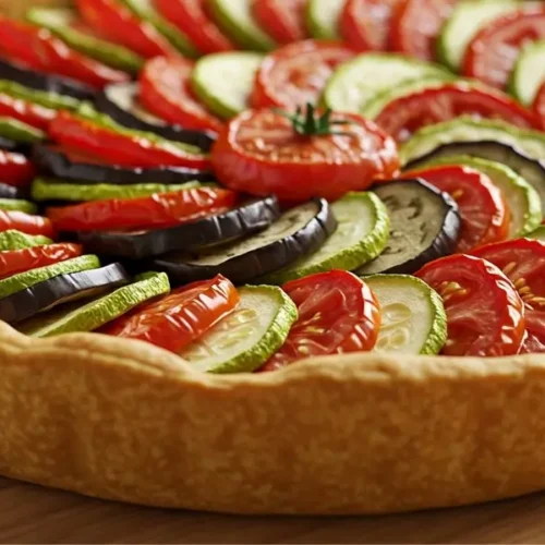 Tarte aux légumes du soleil avec courgettes, aubergines et poivrons colorés sur une table en bois, photographiée en style réaliste.