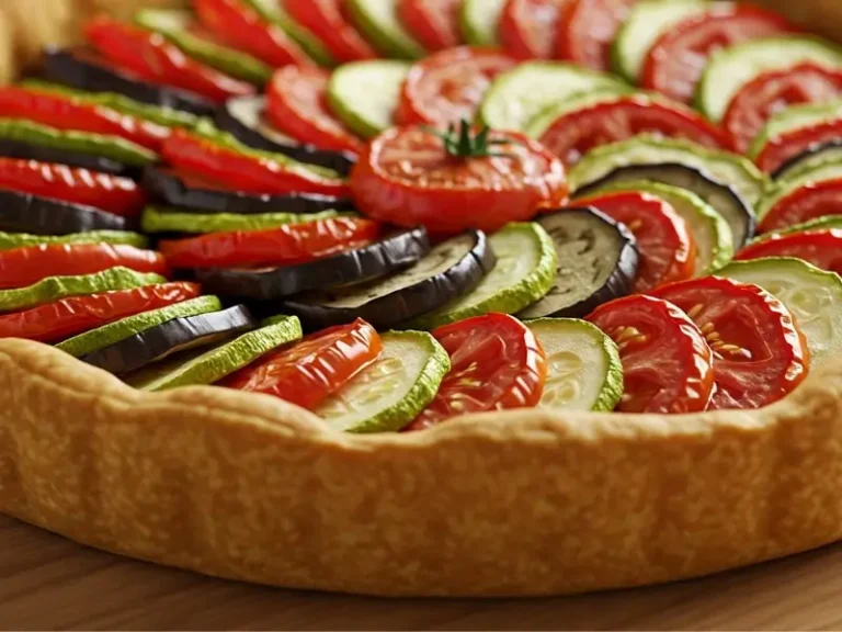 Tarte aux légumes du soleil avec courgettes, aubergines et poivrons colorés sur une table en bois, photographiée en style réaliste.