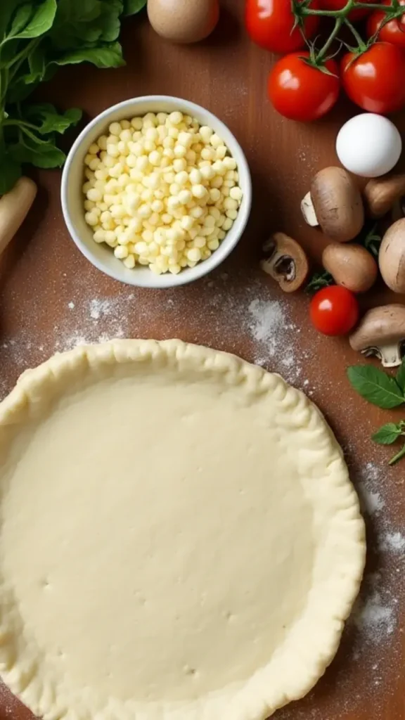 "Ingredients for a savory tart on a wooden countertop, including fresh vegetables, cheese, eggs, and dough, with kitchen tools nearby."
