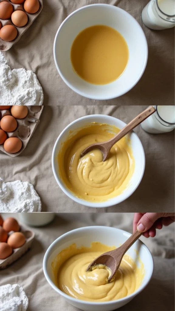 Préparation d’un gâteau au lait : pâte en cours de mélange dans un saladier, entourée d’ingrédients frais sur un plan de travail.