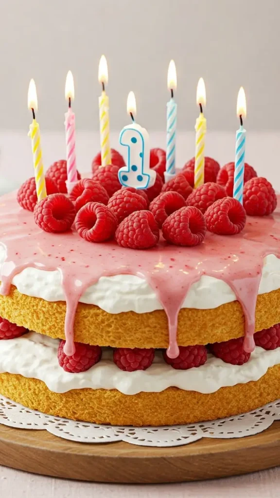 "Étapes de la préparation d'un gâteau d'anniversaire facile, avec des mains mélangeant les ingrédients et décorant le gâteau avec des fruits frais et des bougies."