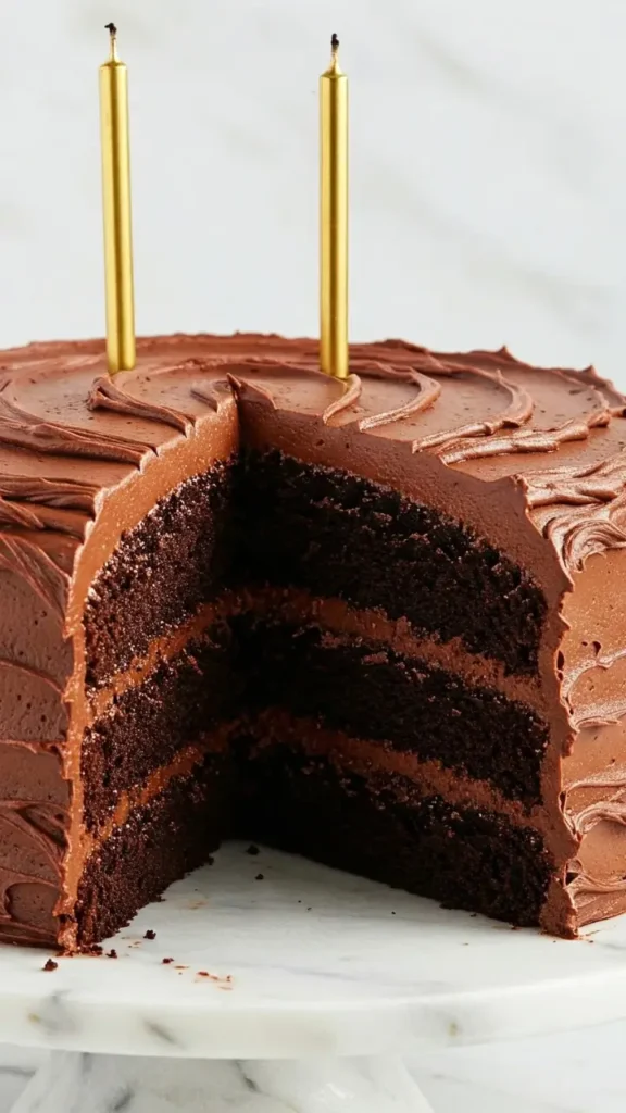Gâteau d'anniversaire facile fait avec des ingrédients simples comme farine, sucre, œufs, beurre et lait, décoré de fruits frais, fleurs comestibles et bougies allumées."