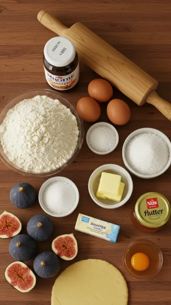 "Ingredients for a fig tart: fresh figs, flour, butter, sugar, eggs, honey, and a rolling pin on a wooden kitchen counter."