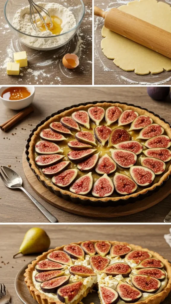 "Step-by-step process of making a fig tart: mixing ingredients, rolling dough, and assembling fig slices on the tart."