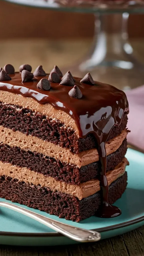 Part de gâteau chocolat sans gluten servie avec poudre d’amande et cacao