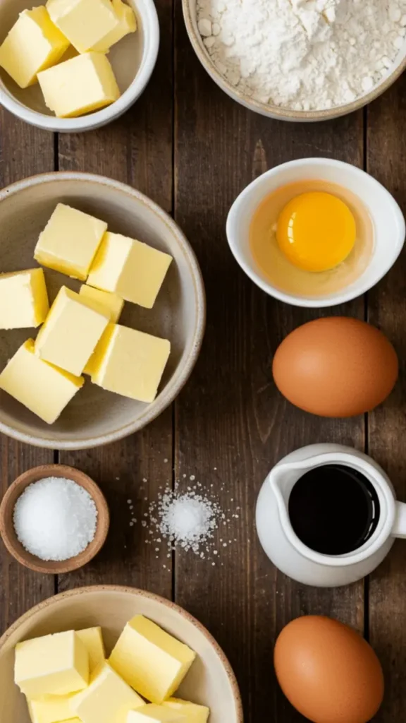 Ingrédients frais pour un gâteau sablé : farine, beurre, œufs, sucre, vanille, présentés sur une table rustique.