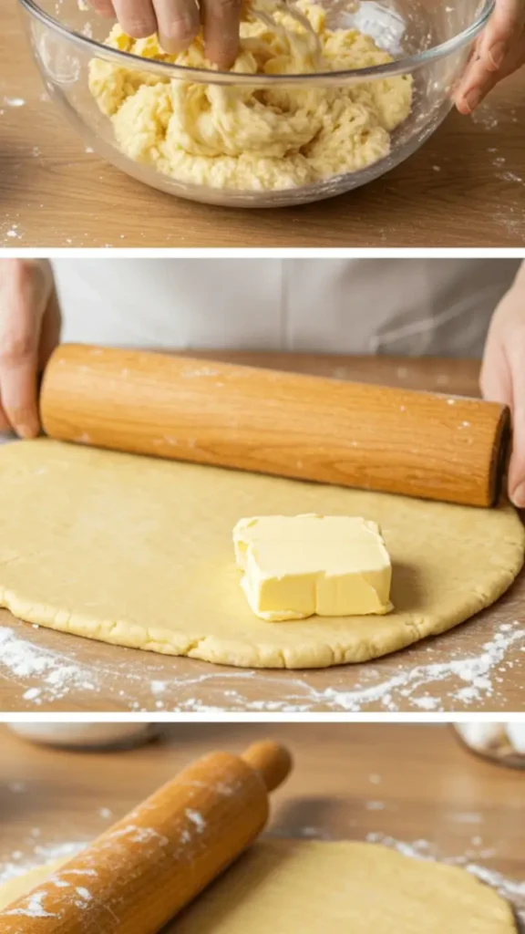Préparation de la pâte sablée avec des mains mélangeant les ingrédients dans un saladier, sur une surface en bois.