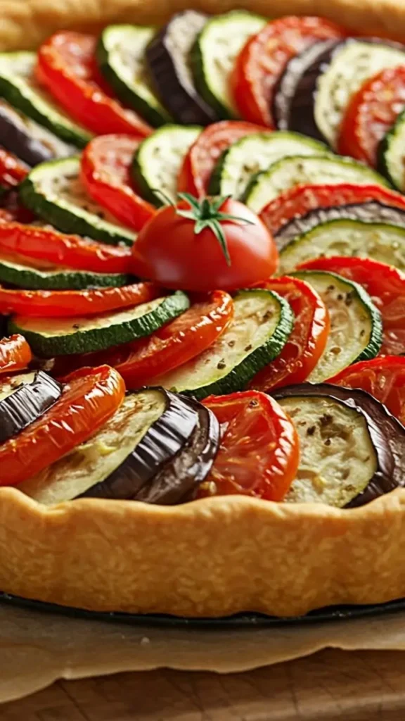 Tarte aux légumes du soleil avec courgettes, aubergines et poivrons colorés sur une table en bois, photographiée en style réaliste.