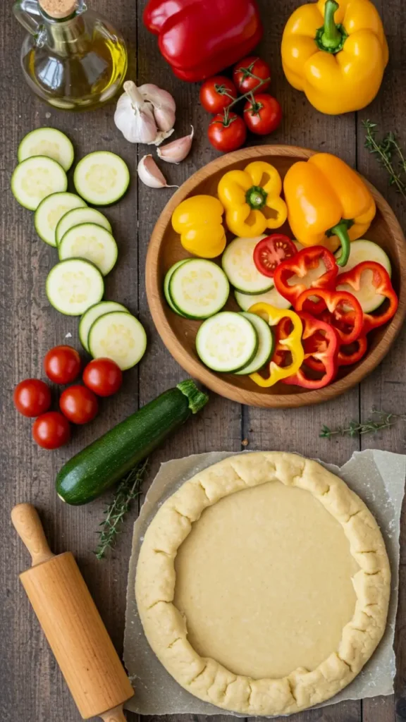 Ingrédients frais pour une tarte aux légumes du soleil, disposés sur un plan de travail.