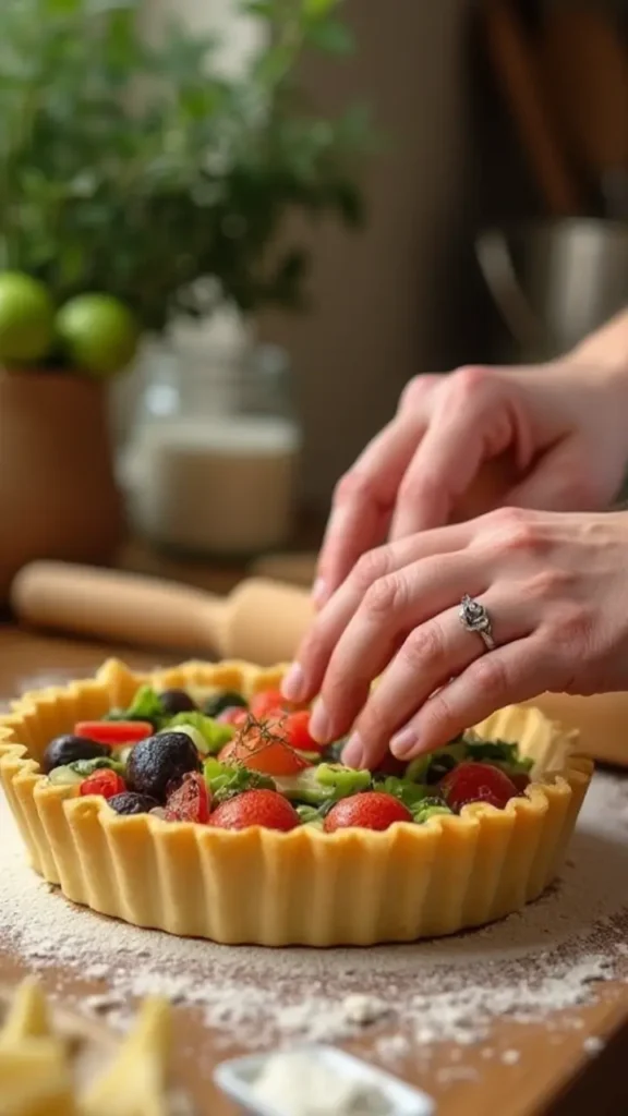 "A person preparing a savory tart in the kitchen, rolling dough and adding vegetables to the tart shell."