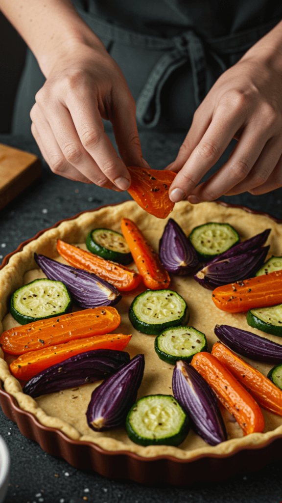 Une cuisinière dispose des légumes rôtis sur une pâte à tarte dans un moule.