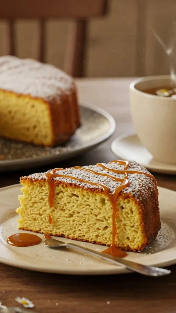 Part de gâteau au lait servie avec caramel et boisson chaude, présentée dans une ambiance chaleureuse et conviviale.