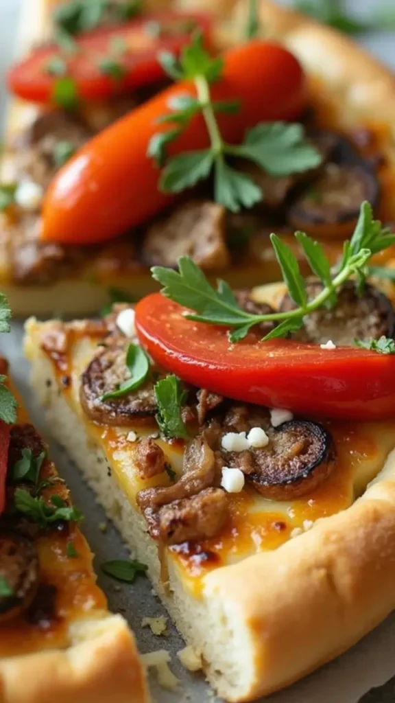 "Various versions of a savory tart, topped with different ingredients like cheese and herbs, with a note showing recipe variations."