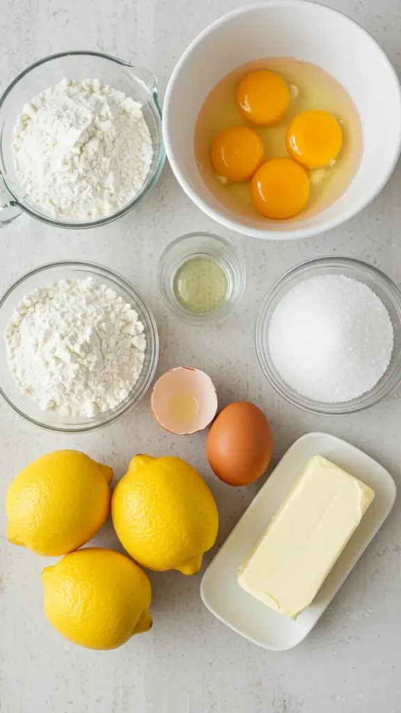 Ingrédients pour une tarte au citron : citrons, œufs, sucre, farine et beurre sur un plan de travail.