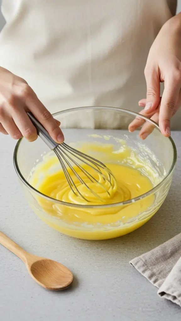 Étapes de préparation de la crème citronnée avec fouet dans un bol en verre.