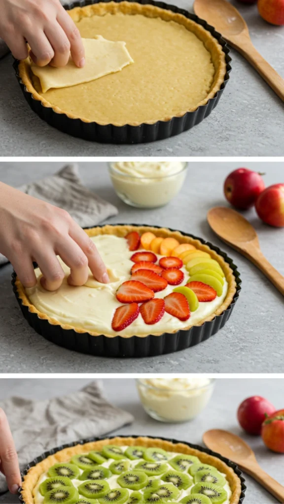 Étapes de préparation d’une tarte aux fruits : pâte, crème pâtissière, et fruits frais dans une cuisine claire et chaleureuse.