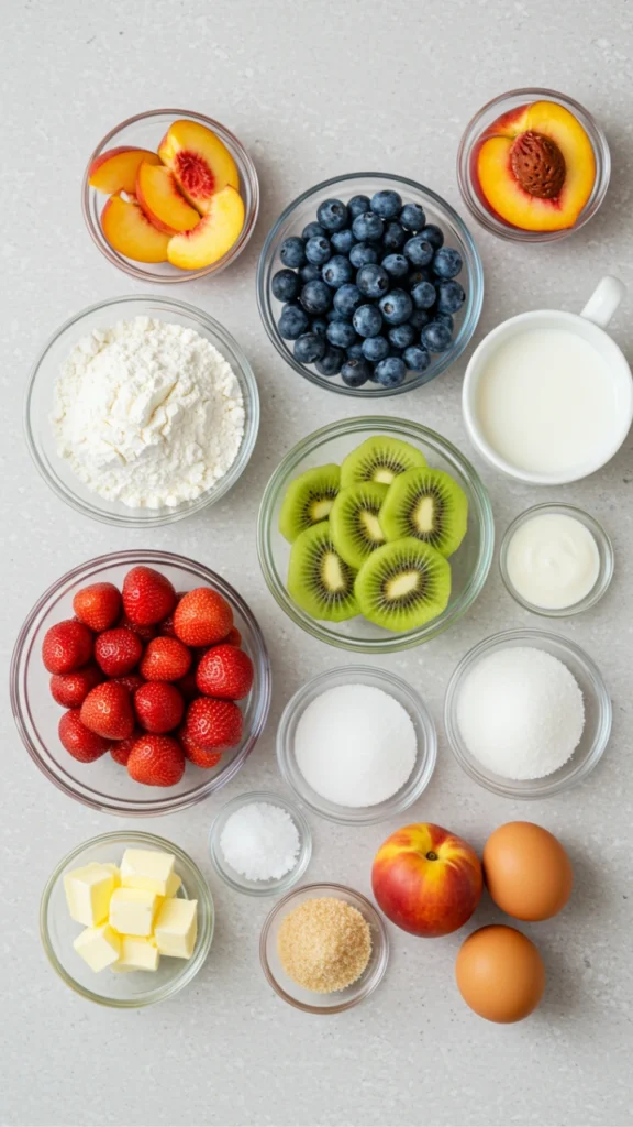 Ingrédients frais pour une tarte aux fruits, disposés dans des bols en verre sur un plan de travail clair.