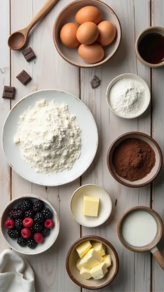"Vue de dessus des ingrédients pour un gâteau d'anniversaire homme : farine, sucre, œufs, beurre, chocolat noir et fruits rouges sur une table en bois clair."
