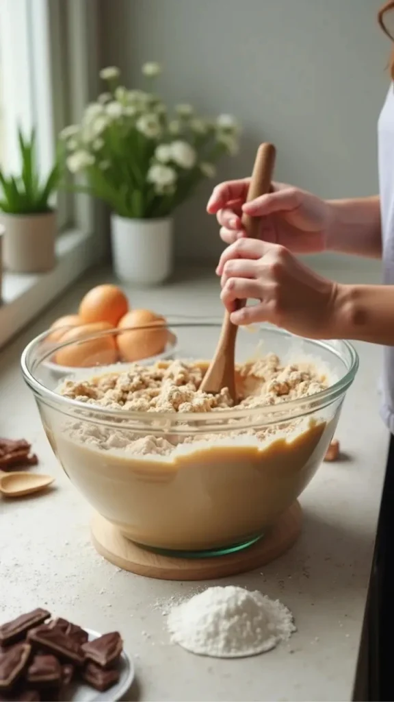 "Scène de cuisine réaliste montrant une personne mélangeant la pâte à gâteau d'anniversaire homme dans un grand bol en verre, entourée d'ingrédients frais."