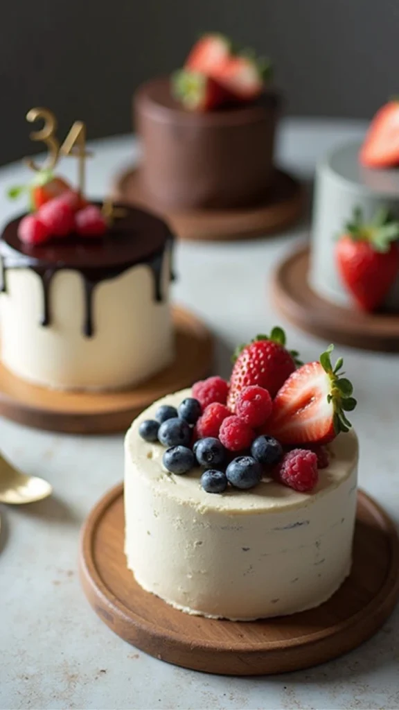 "Idées de décoration pour gâteau d'anniversaire homme : glaçage au chocolat, fruits frais et toppers métalliques élégants."