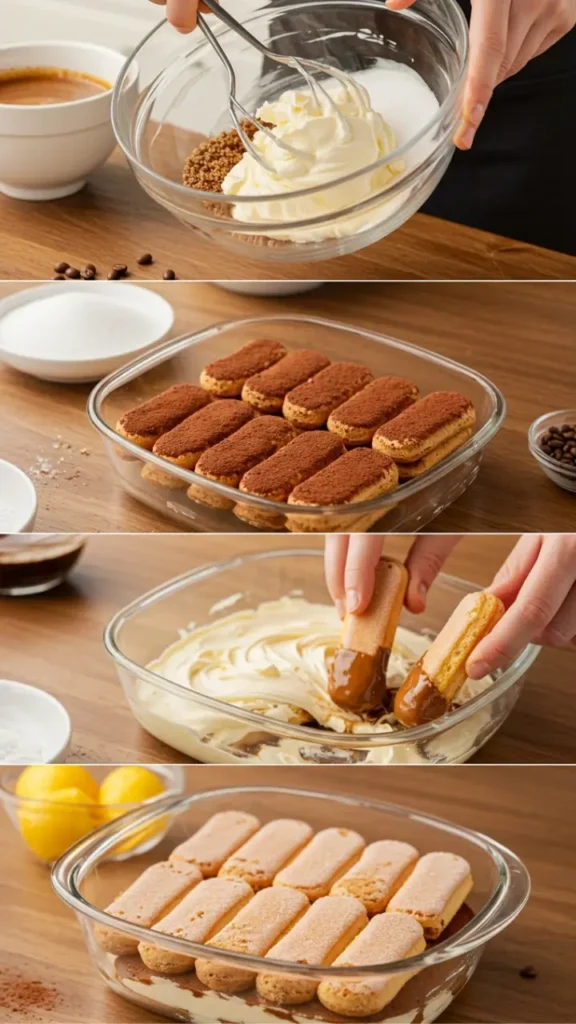 "Préparation du tiramisu : mélange du mascarpone et du sucre, trempage des biscuits à la cuillère dans l'expresso, et montage dans un plat."