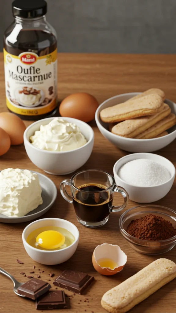 "Ingrédients frais pour tiramisu : mascarpone, œufs, sucre, café expresso, biscuits à la cuillère, poudre de cacao, et copeaux de chocolat."