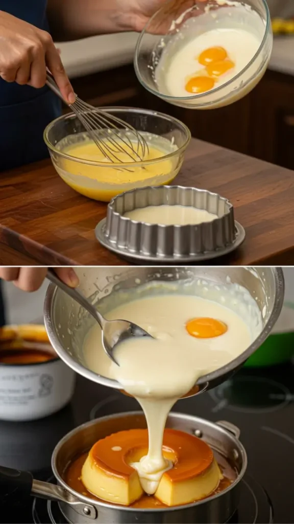"Step-by-step preparation of flan de coco: whisking eggs and coconut milk, pouring the batter into a mold, and caramelizing sugar."