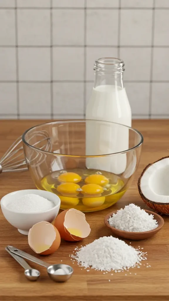 "Ingredients for flan de coco: eggs, coconut milk, sugar, and grated coconut on a kitchen counter."