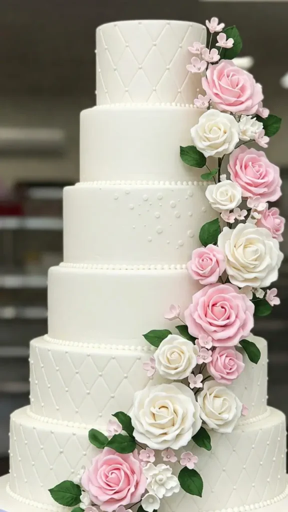 Gros plan d’un élégant gateau mariage à plusieurs étages décoré de fleurs fraîches et de glaçage fondant, posé sur un présentoir vintage.