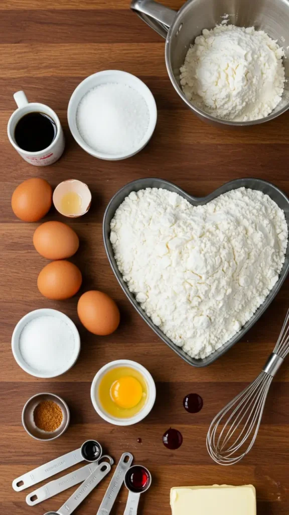 A flat-lay image of the ingredients for a heart-shaped cake, including flour, butter, eggs, sugar, and food coloring.