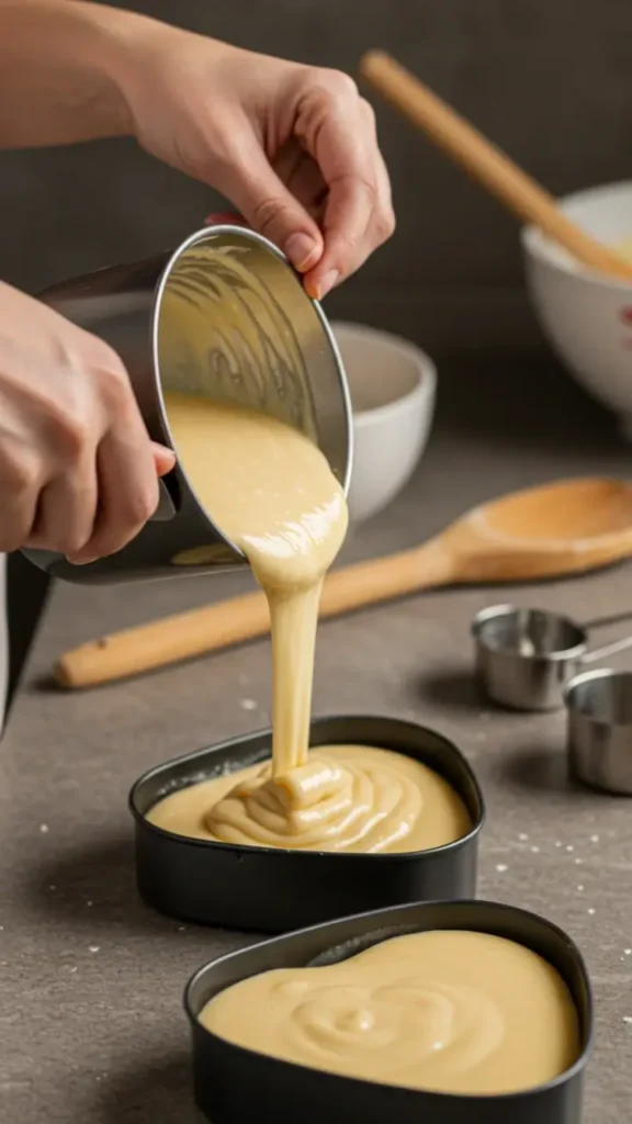 Close-up of hands pouring cake batter into a heart-shaped mold on a kitchen counter.