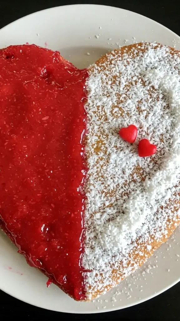 A heart-shaped cake with pink glaze, decorated with edible flowers and powdered sugar on a kitchen countertop.